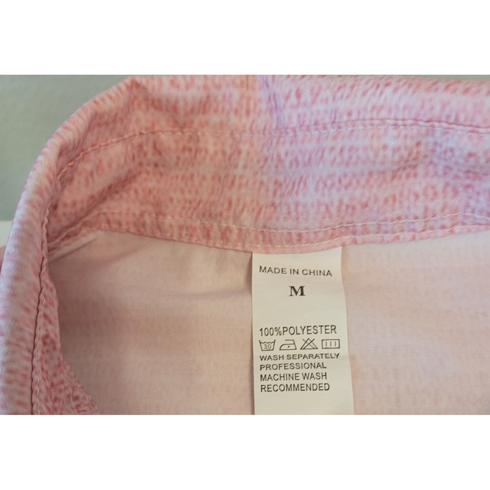 Unbranded Short Sleeve Button Down Men Medium Pink Plaid Trim Textured Shirt - Picture 3 of 6